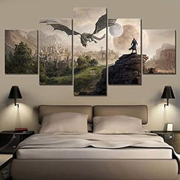 Home Decor Modular Canvas Picture 5 Piece Elder Scrolls 4 Skyrim Painting Poster Wall for Home Canvas Painting,A,20×35×2+20×45x2+20x55×1