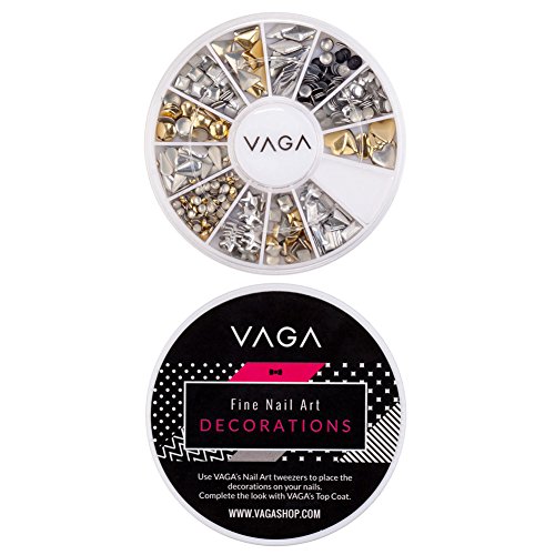 Set of Nail Art Accessories With 3D Silver And Golden Metal Studs In 12 Shapes, Silver And Colorful Crystals, 5 Dotters, Striping Tapes, Anti Static Tweezers Straight & Curved And Brushes By VAGA