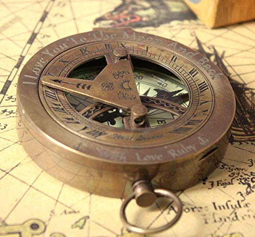 Personalized engraved sundial compass, Engraving on top lid and gnomon, Gift for all occasions, Christmas, New year, Graduation, Love gift, Get well soon, wedding anniversary. Free real leather case - Thumbnail 2