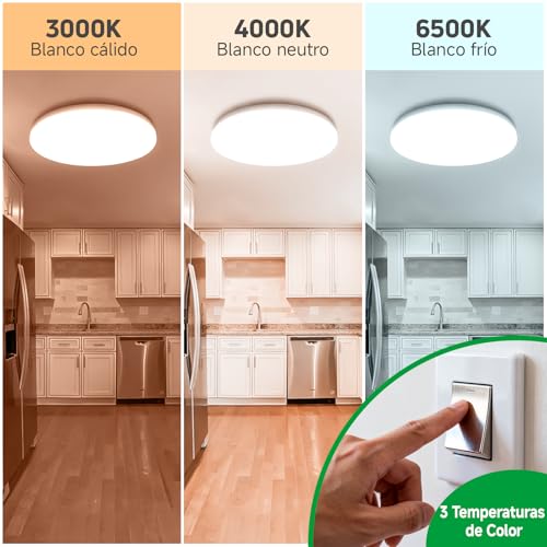WARMELLE LED Ceiling Light, Ceiling Lamp 3 Temperatures 3000K/4000K/6500K, 17W 2335LM, IP65 Waterproof, Change with Wall Switch, No Flicker CRI>80, for Bathroom, Kitchen, Hallway, Garage, Ø22cm