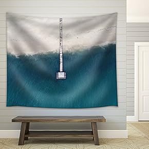 Bird View of Wooden Bridge Lead to The Beach - Fabric Wall Tapestry Home Decor - 51x60 inches