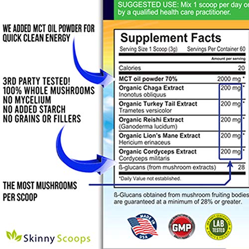 Skinny Scoops Organic Mushroom Extract Powder + MCT Oil Powder - Nootropic Brain Supplement & Immune System Booster - USDA Lions Mane, Cordyceps, Reishi, Turkey Tail, Chaga - MCT for Ketone Energy - Thumbnail 4