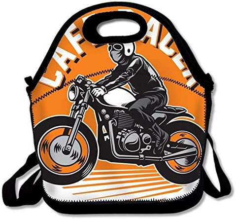 Cafe Racer Motorcycle Badge Insulated Neoprene Lunch Bag Removable Shoulder Strap Reusable Thermal Thick Lunch Tote Bags For Outdoors,Work,Office,School