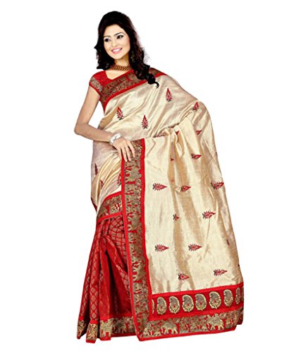 Dancing Girl Beige Red Elephant Printed Chanderi Silk Party Wear Saree