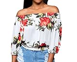 Huusa Womens Sexy Vintage Floral Print Off Shoulder Crop Top Clubwear