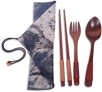 Cuku Cool Japanese Style Handmade Bamboo Natural Healthy Wooden Tableware Sets of 4-pieces(1 Spoon, 1 Chopsticks, 1 Fork, 3 Tableware Bag) Blue02
