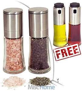 Image of [FREE BONUS] Gourmet Brushed Stainless Steel Adjustable Ceramic Salt and Pepper Mill Grinder Set - Salt and Pepper Shakers Set - FREE High Grade Stainless Steel Oil and Vinegar Cruet Sprayer Set