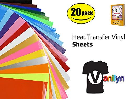 Heat Transfer Vinyl Sheet Bundle by Vanylin 12"x10" - 20 Sheets - Works with Cricut &amp; Silhouette Cameo Cutting Machines - Iron On or Heat Press Machine