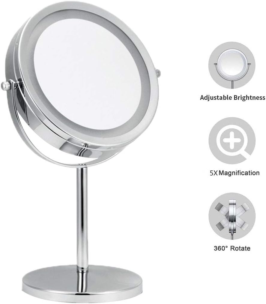 XIGG Tabletop Makeup Mirror with Lights, 1X 5X Magnification Double Sided Round Shape 360° Swivel Easy to Clean with On/Off Push-Button Battery-Powered