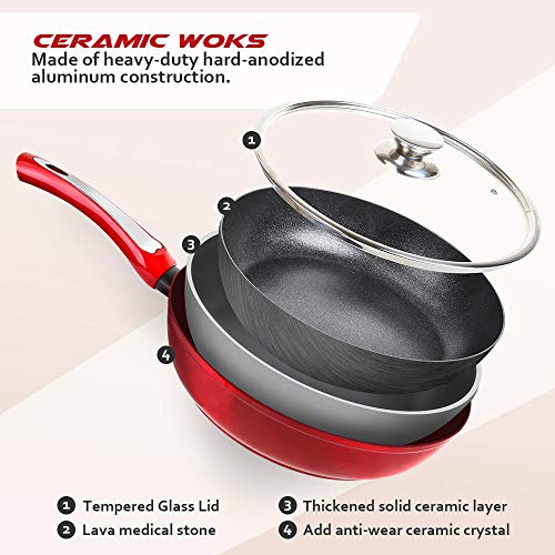 SHINEURI 11 inch Wok Pan with Lid, Nonstick Frying Pan with lid, Non