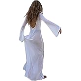 ZGMYC Women's Sexy Backless See Through Maxi Dress Bathing Suit Cover Up Knit Flared Long Sleeve Beach Dress Bikini Coverups