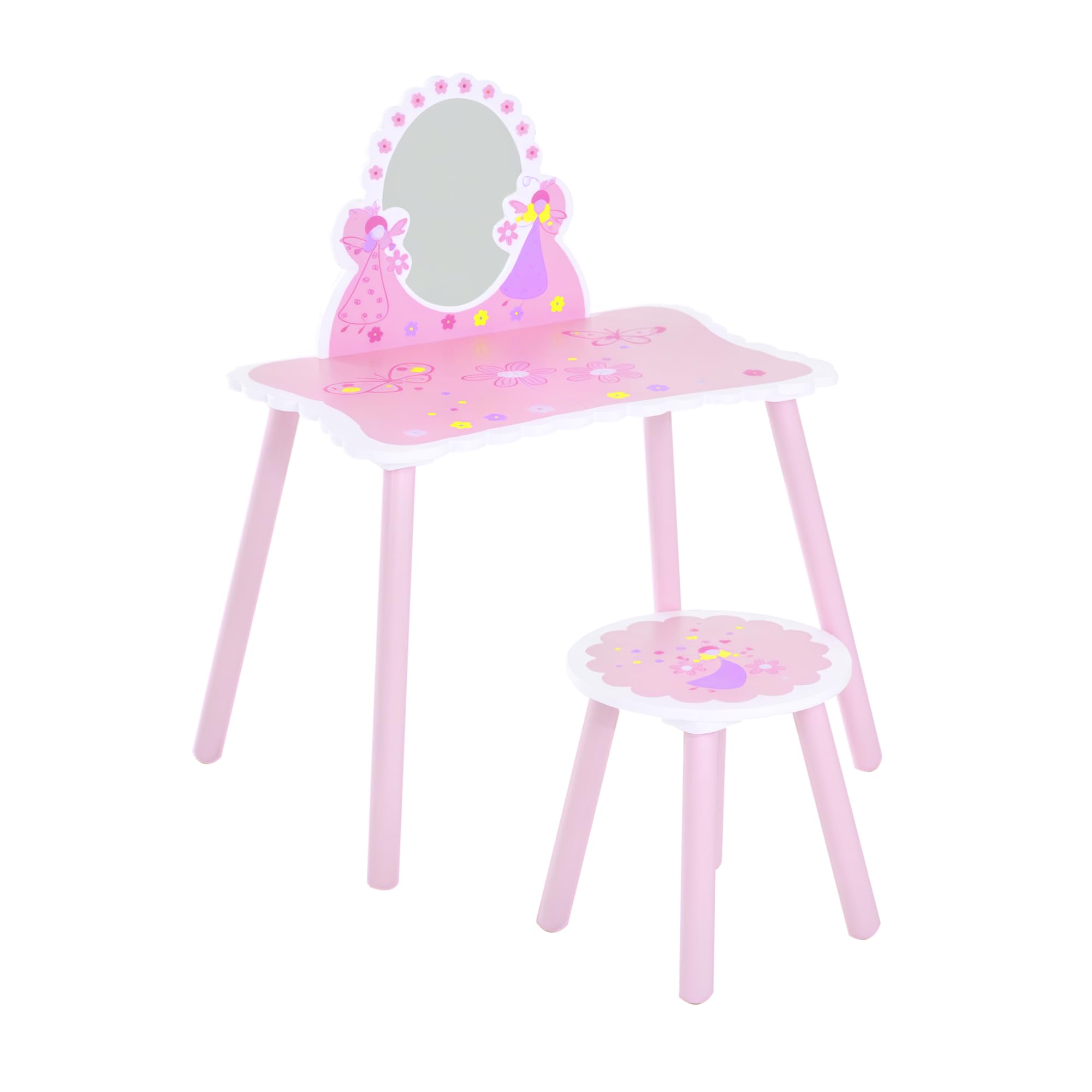 HOMCOM Kids Dressing Table Girls Pink Wooden Kids Dressing Table & Stool Make Up Desk Chair Toys Fairy Dresser Play Set w/Mirror