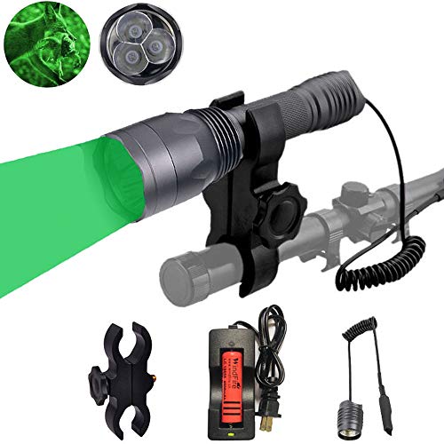 WINDFIRE S10 300 Yards 650 Lumen 3pcs Green LED Hunting Tactical Flashlight Long Range Hog Predator Varmint Green Hunting Gear Kit with Scope Mount, Pressure Switch, Rechargeable Battery and Charger