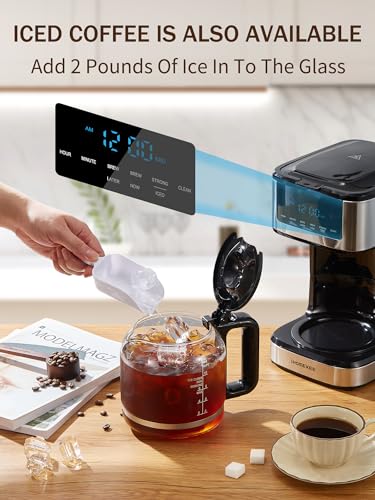 Coffee Maker, Programmable Drip Coffee Maker 12 Cup, Regular & Strong Brew Drip Coffee Machine with Iced Coffee Function for Home and Office, Black & Stainless Steel (Black. Sliver)