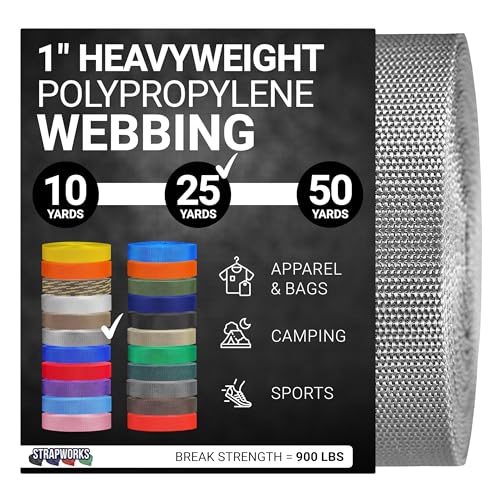 Strapworks Heavyweight Polypropylene Webbing - Heavy Duty Poly Strapping for Outdoor DIY Gear Repair, 1 Inch x 25 Yards - Silver Gray