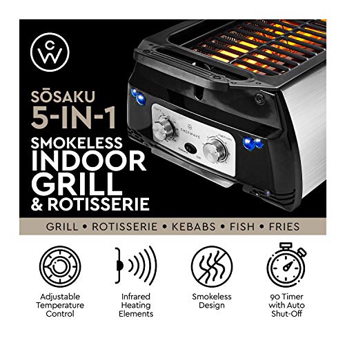 ChefWave Smokeless Indoor Electric Grill & Rotisserie - 5 in 1 Non-Stick Tabletop Kitchen BBQ Grill with Infrared Technology - Includes Kebab & Skewer Set, Fries Basket & Fish Cage, Drip Tray - Thumbnail 2