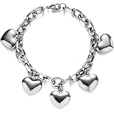 Acierble Stainless Steel Bracelets for Women with Heart Charm Chain Tassel Love Charms Chunky Link Bracelet Jewelry Romantic Gift