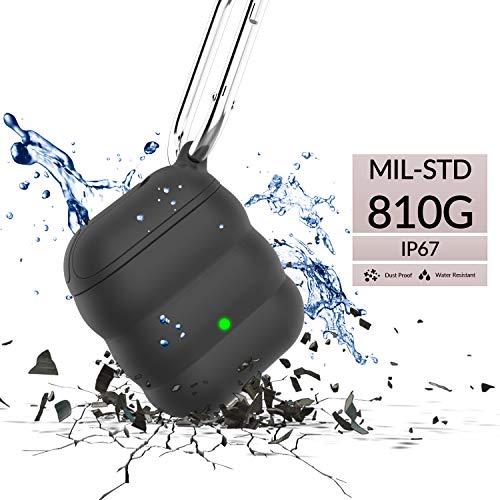 FONY Apple Airpods Case Cover Accessories Kits for AirPods 2 & 1 Charging Case - Waterproof Shock Resistant Protective Silicone Cover Skin with Carabiner (Black)