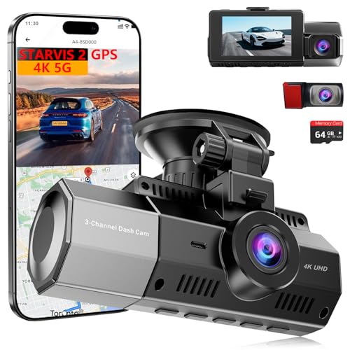 4K 3 Channel Dash Cam Front and Rear Inside Camera with STARVIS 2,4K+2.5K+2.5K Dashcam for Cars,Built-in 5G Wi-Fi & GPS,64GB Card,Loop Recording,HDR,Night Vision,Voice Guidance,24H Parking Mode