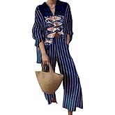 Akivide Womens Beach Vacation 2 Piece Outfits Long Sleeve Button Down Shirts and Matching Drawstring Waist Pants Summer Sets