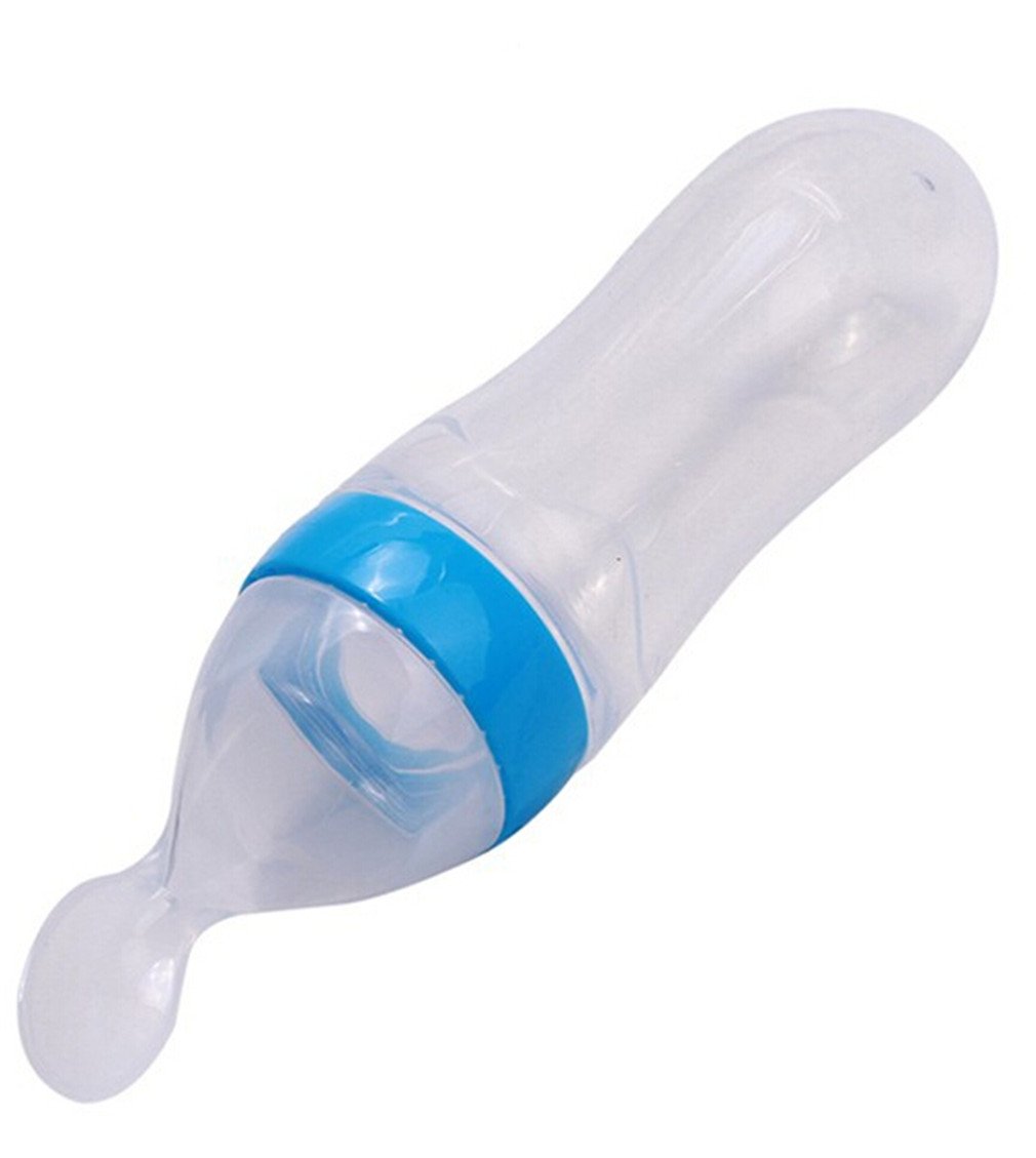 HENGSONG Silicone Baby Squeeze Feeder Bottle with Spoon (Blue)