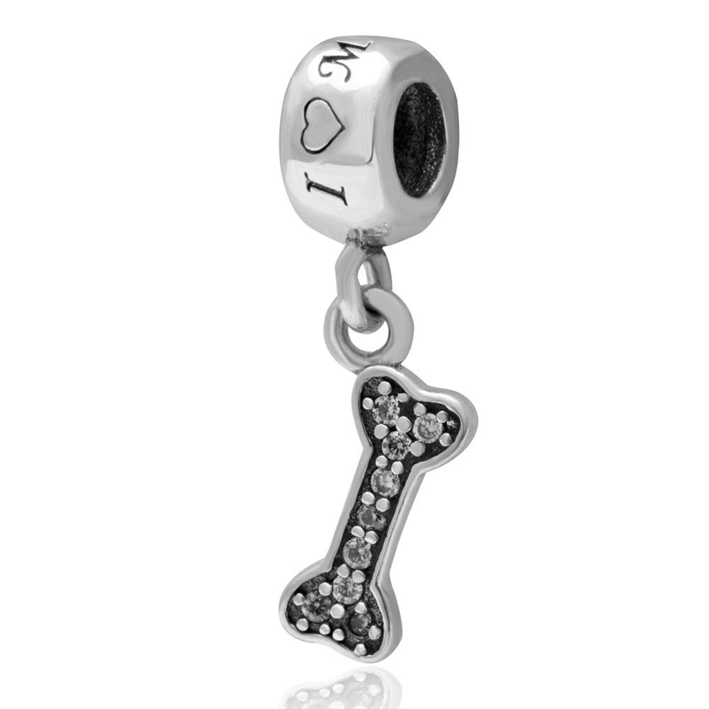 Dog Bone Charm 925 Sterling Silver Animal Charm Pet Charm Lucky Charm Anniversary Charm for Pandora Charm Bracelet (B)