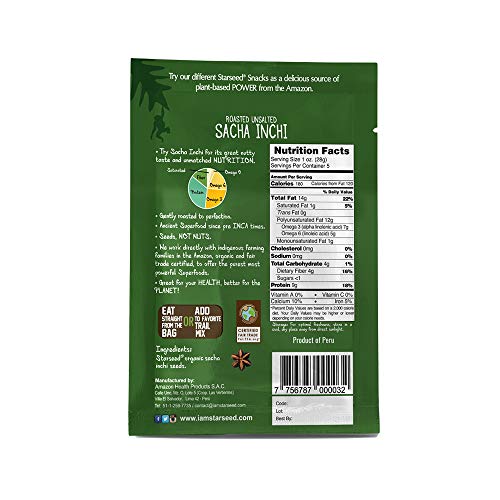 Starseed Organic Sacha Inchi seeds gluten-free, keto, and paleo friendly snack, 4.9oz Bag, 5 Servings (Roasted Unsalted)