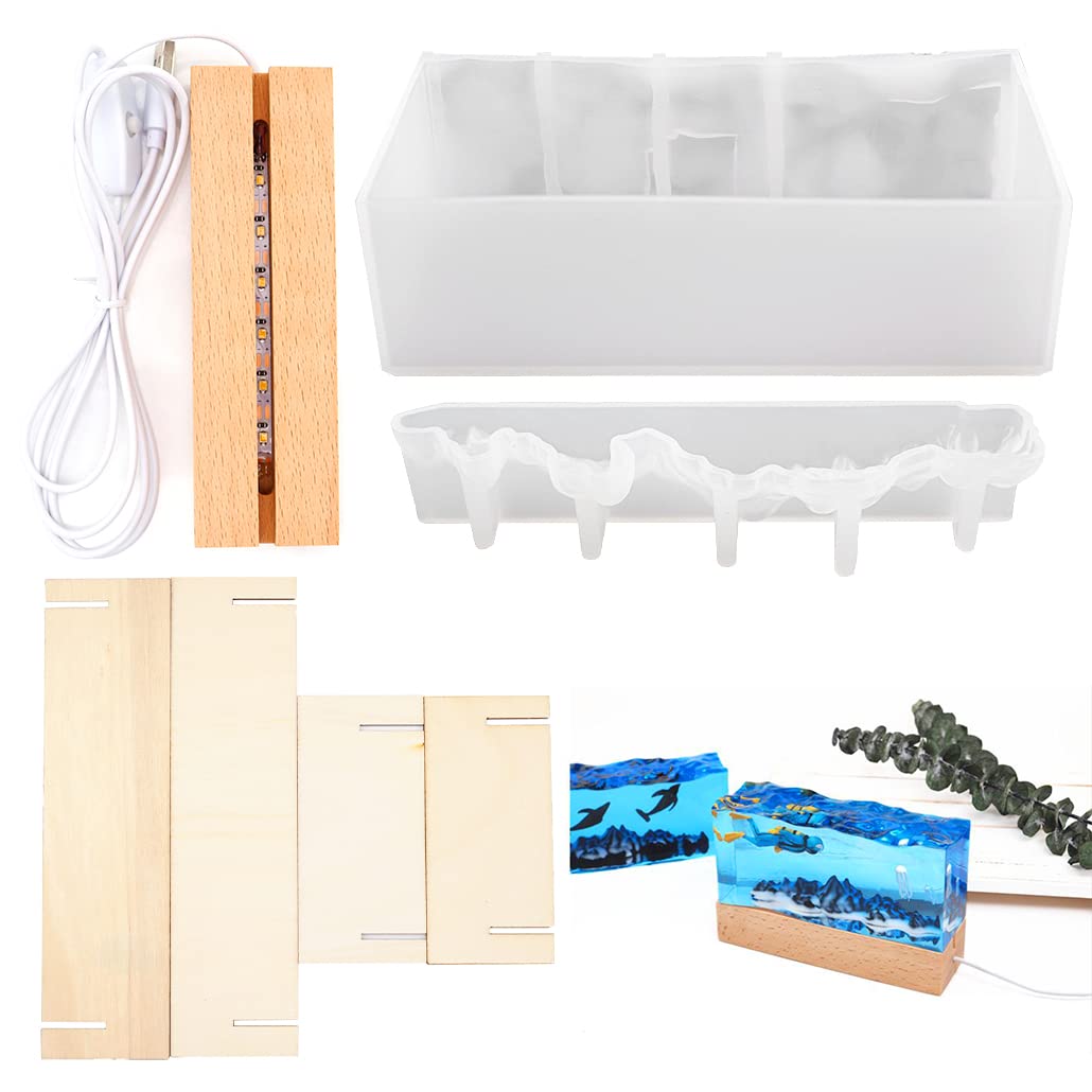 KyeeaDIY 4pcs Light Silicone Moulds LED Mountain Sea Wave Resin Moulds LED Bulb Epoxy Resin Moulds Epoxy Casting Mold with Wooden Accessories for DIY Craft Landscape Night Lamp (Mountain Sea Molds)