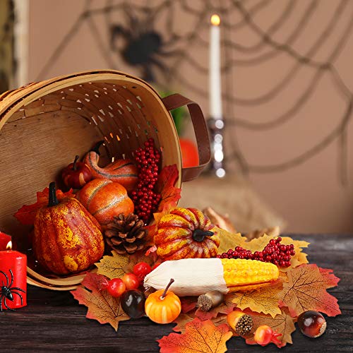 HAKACC Artificial Pumpkins, 19PCS Harvest Fruits with 30PCS Artificial Maple Leaves Fake Pumpkins and Gourds Pine Cones Acorns for Halloween Thanksgiving Decorations