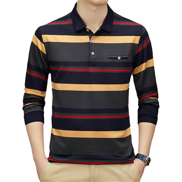 Men Long Sleeve Multi-Color Poloshirt Male Striped Casual T-Shirt