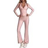 KAIFUYING One Piece Wide Leg Jumpsuits For Women Workout Long Sleeve Jumpsuit Flare Yoga Romper V-Neck Sexy Lace