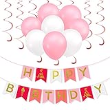 PBPBOX Happy Birthday Party Decorations with Happy Birthday Banner, 30PCS Birthday Balloons, 12PCS Hanging Swirls, 66FT Curling Ribbon, Hand Pump for Girls Birthday Party Decor