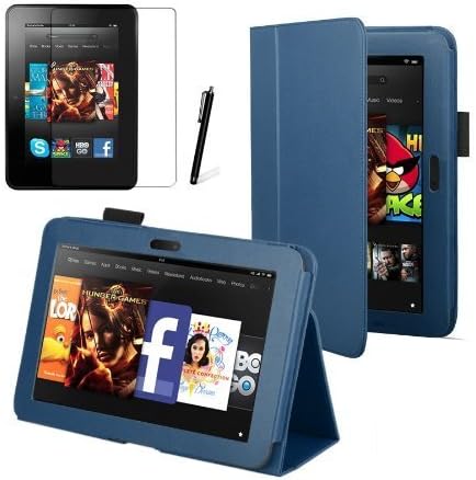 MOFRED® Blue Kindle Fire HDX 7"(Launched 2013) Smart Case-Retail Packed Trifold Leather Smart Case with Built-in Magnet for Sleep / Wake feature for the Kindle Fire HDX 7" Tablet - + Screen Protector + Stylus Pen (Available in Mutiple Colors)