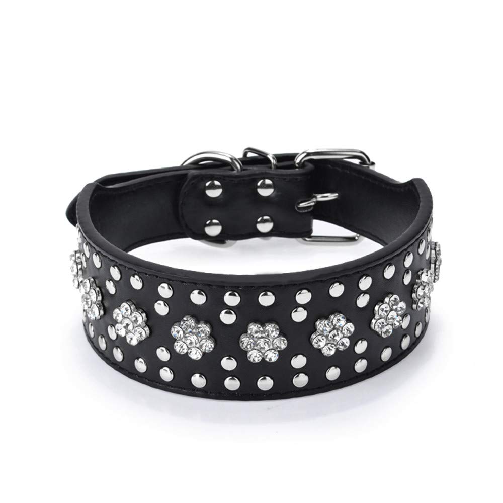 haoyueer Rhinestones Dog Collars Flower Pattern Rhinestone Studded Leather Sparkly Crystal Diamonds Dazzling Sparkling Elegant Fancy PU Leather Dog Collar for Medium & Large Dogs (M, Black)