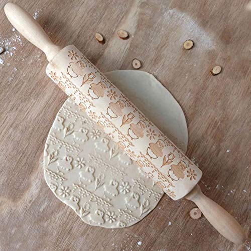 Kitchen Dough Roller Pin for Baking,Engraved Rolling Pin for Cookies,Embossed Wood Rolling Pin for Noodle Fondant Biscuit Cake Pizza Dough
