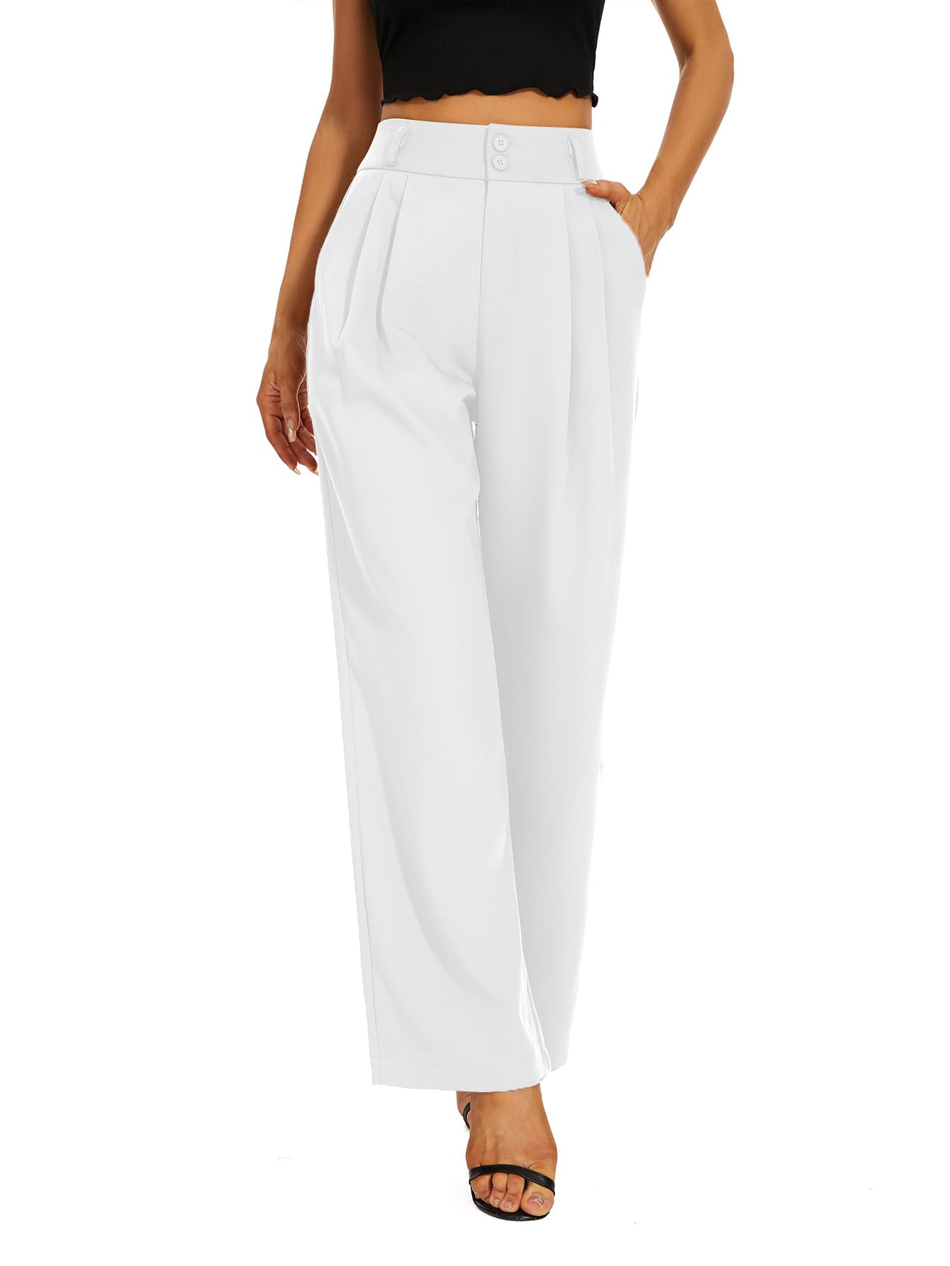 Photo 1 of KICZOY Women Waistband Elastic Back Work Casual Pants High Waist Wide Leg Dress Pants Pleated Front Wide Trousers White