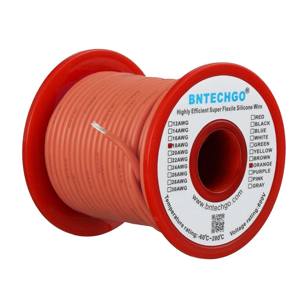 BNTECHGO 18 Gauge Silicone Wire Spool Orange 100 ft Ultra Flexible High Temp 200 deg C 600V 18AWG Silicone Rubber Wire 150 Strands of Tinned Copper Wire Stranded Wire for Model Low Impedance