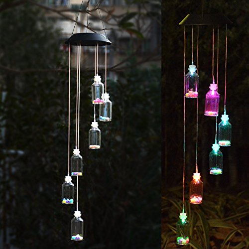 Homeleo Glass Wishing Bottles Wind Chimes, Solar Light Up LED Wind Chimes, Glowing LED Mobile Windchimes for Spring Garden Summer Backyard Patio Décor