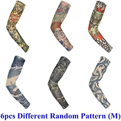 Anemone 6pcs Medium Size Fake Tattoo Sleeves Nylon Stocking Sleeves Seamed UV Protection Cooling Arm Sleeves for Running Cycling Baseball Football Slip On Arts Arm Sleeves Unisex Random Pattern (M)