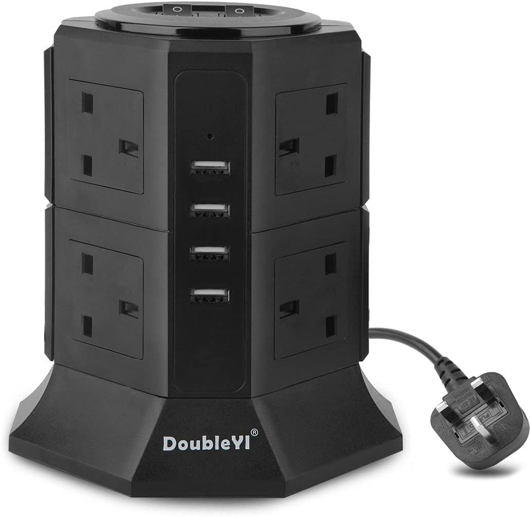 DoubleYI Extension Lead Socket 8 Way Outlet Surge Protector Tower Power Strip with 6.6 ft Power Cord with 4 USB Ports