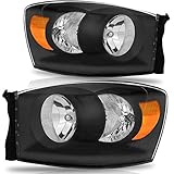 For 2006 2007 2008 Dodge Ram 1500 2500 Headlights, 06-09 Ram 2500 3500 Diamond Black Pickup 4Dr & 2Dr Truck Amber Reflector Clear Lens Headlamps Set (Left+Right), 2-Yr Warranty