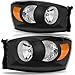 For 2006 2007 2008 Dodge Ram 1500 2500 Headlights, 06-09 Ram 2500 3500 Diamond Black Pickup 4Dr & 2Dr Truck Amber Reflector Clear Lens Headlamps Set (Left+Right), 2-Yr Warranty