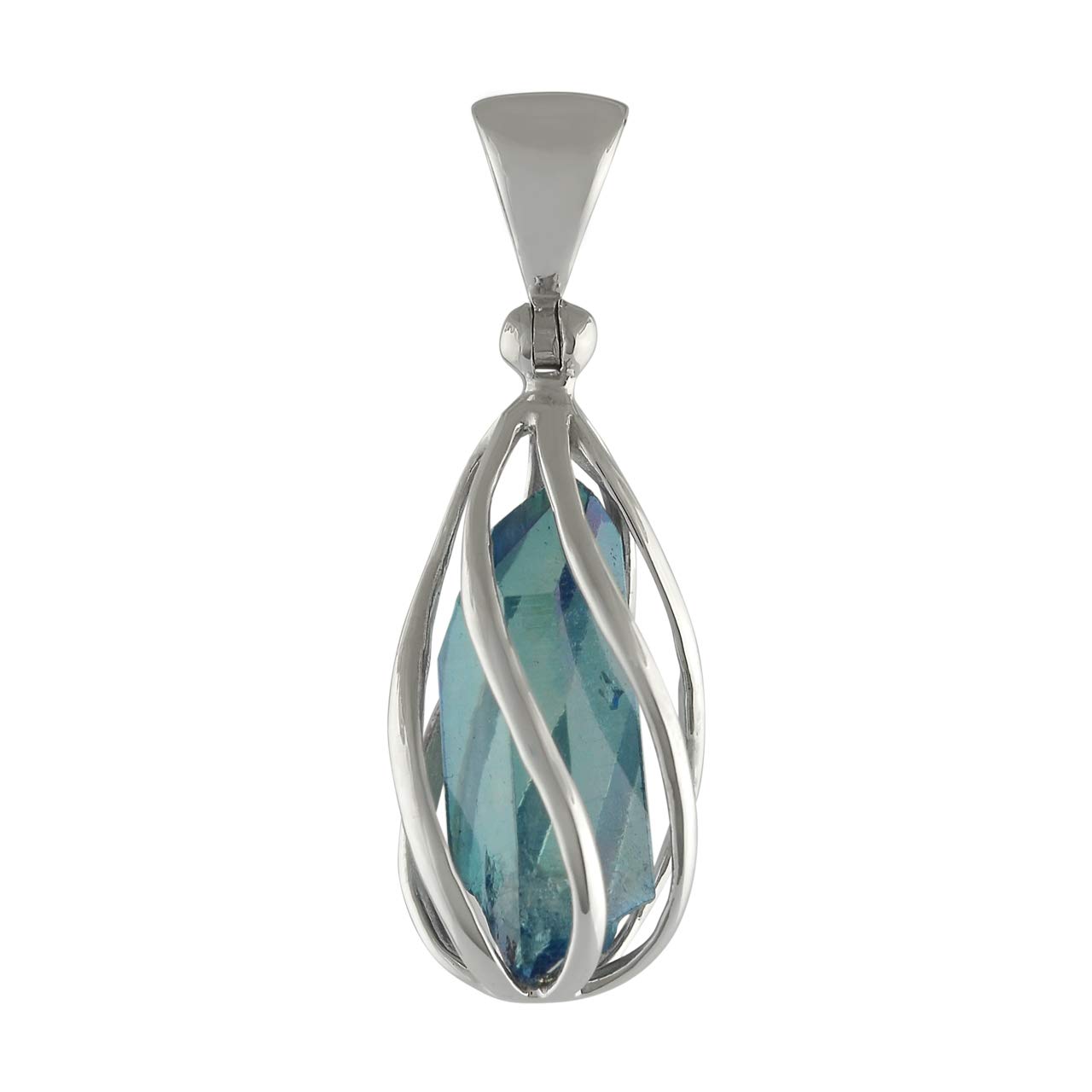 Starborn Aqua Aura Quartz Crystal Point in 925 Sterling Silver Spiral Cage