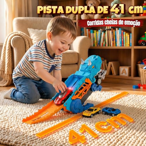 Caminhão Dinossauro 3 em 1 com Pista Dupla Dinossauro Brinquedo que Engole Carrinhos e Vira Pista de Corrida, Acompanha 4 Carrinhos de Metal, Ideal para Aniversário, Natal e Dia das Crianças
