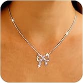 BXDA Gold Silver Bow Pendant Rhinestone Necklace for Women, Trendy CZ Bowknot Chain Necklaces Prom Wedding Holiday Accessories Jewelry Gift
