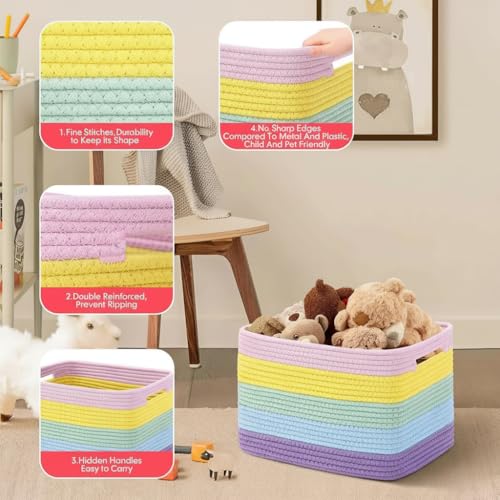 Beauenty Woven Storage Baskets,3 Pack Collapsible Rainbow Woven Storage Bins for Shelves,Soft Boho Organizer Baskets for Kids Room,Nursery,Playroom,Classroom