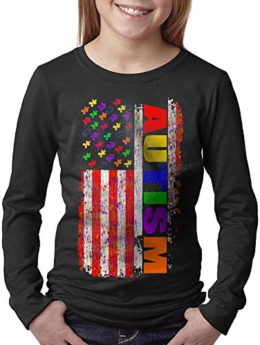100% Cotton Youth Big Girls Boys Retro Autism Awareness USA Puzzle Flag Long Sleeve T Shirts Tees M Soft Comfort