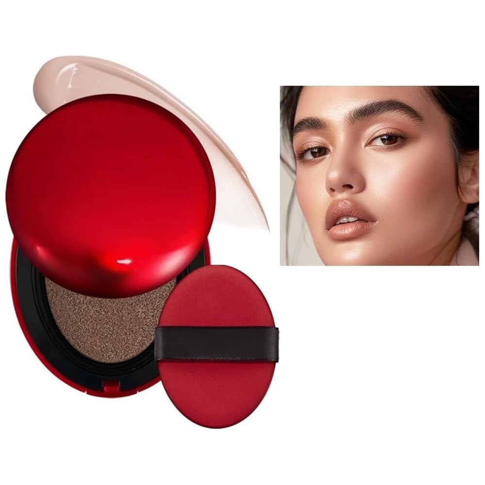 Cushion Foundation, Semi-Matte Finish 72-Hour Foundation Full Coverage Sun Protection, Waterproof, Clear Makeup Red+Shell+Air Focuses on Keeping The Coverage Great,18g