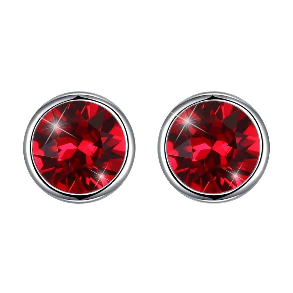 Hanie Silver Stud Earrings for Women, 925 Sterling Silver Crystal Studs Earrings, 8mm Red Round Small Sleeper Earrings, Unisex Allergen-Free Jewellery for Women Men Girls Boys