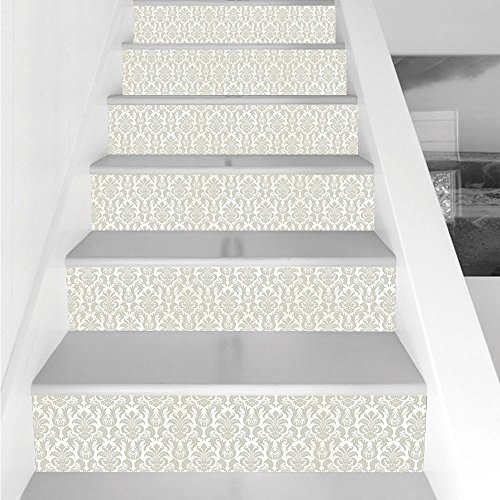 Stair Stickers Wall Stickers,6 PCS Self-adhesive,Damask,Abstract Floral Pattern Wedding Inspired Soft Colored Design Complex Asian Motifs Decorative,Cream Beige,Stair Riser Decal for Living Room, Hall